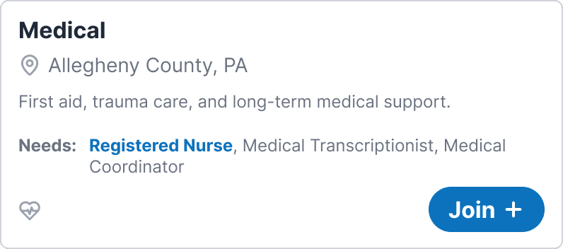 Example UI showing a group labeled 'Medical' with a join button and listed skill needs