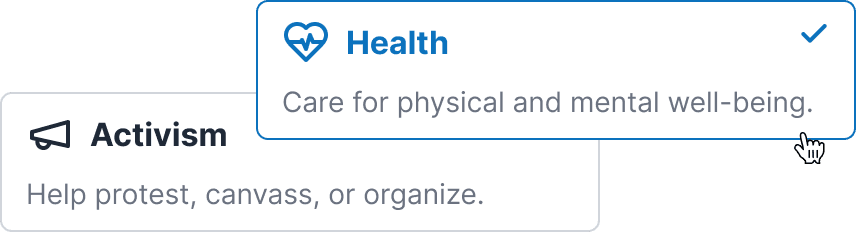 Interests like 'Activism' and 'Health'