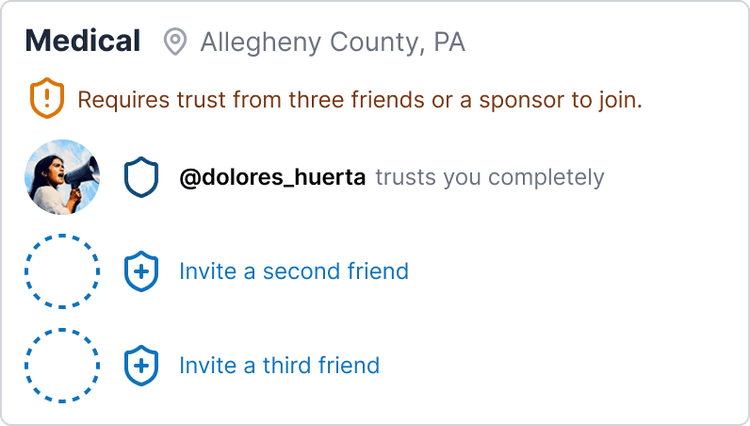 Example UI showing a group that requires trust endorsements from three members to join