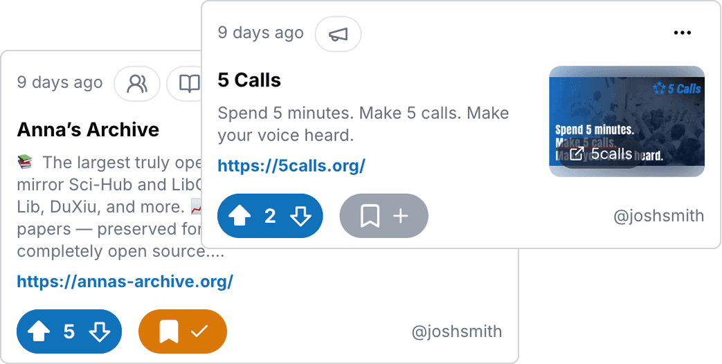 Example UI showing a resource card for “5 Calls,” encouraging users to contact representatives