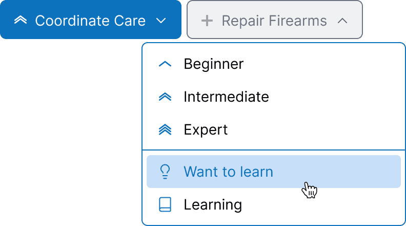 Example UI showing a dropdown menu where users can select their skill level for skills like 'Coordinate Care'