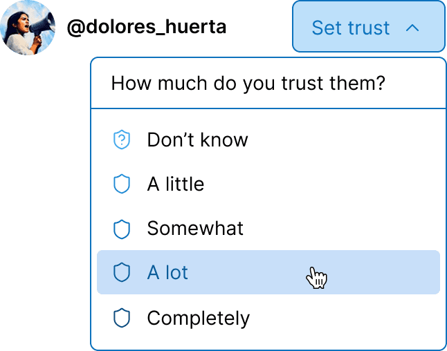 Example UI showing a trust rating system where users can select how much they trust another person